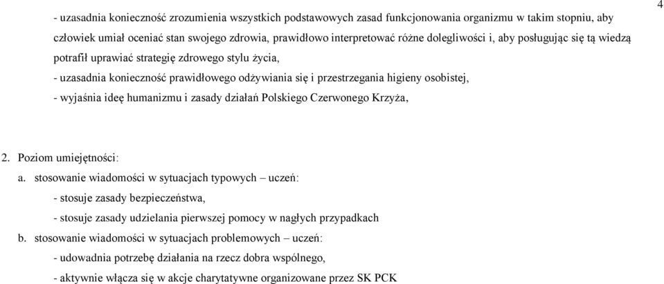 humanizmu i zasady działań Polskiego Czerwonego Krzyża, 4 2. Poziom umiejętności: a.