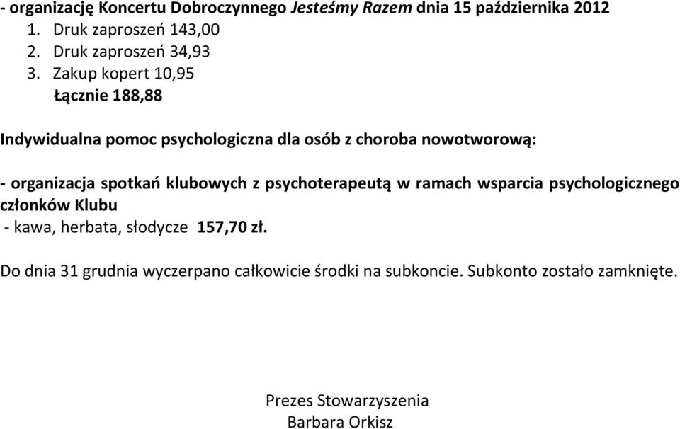 Zakup kopert 10,95 Łącznie 188,88 Indywidualna pomoc psychologiczna dla osób z choroba nowotworową: - organizacja spotkań