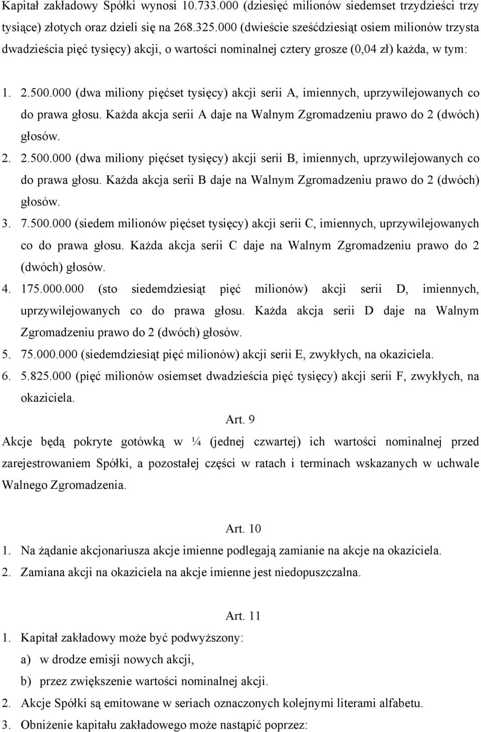 000 (dwa miliony pięćset tysięcy) akcji serii A, imiennych, uprzywilejowanych co do prawa głosu. Każda akcja serii A daje na Walnym Zgromadzeniu prawo do 2 (dwóch) głosów. 2. 2.500.