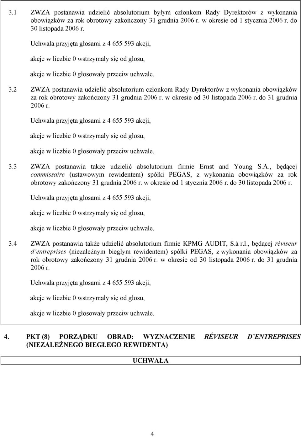 w okresie od 30 listopada 2006 r. do 31 grudnia 2006 r. 3.3 ZWZA postanawia także udzielić absolutorium firmie Ernst and Young S.A., będącej commissaire (ustawowym rewidentem) spółki PEGAS, z wykonania obowiązków za rok obrotowy zakończony 31 grudnia 2006 r.