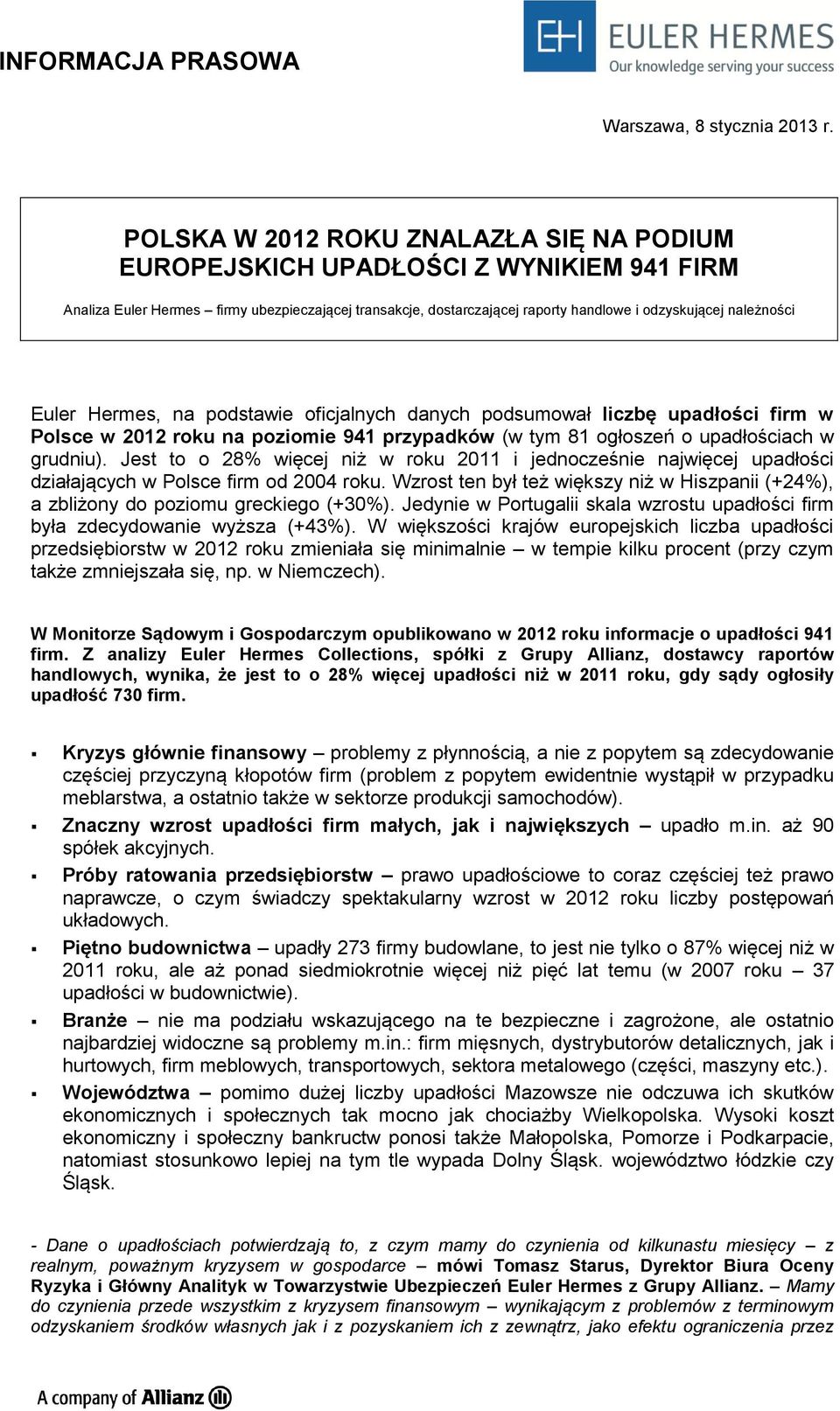 Euler Hermes, na podstawie oficjalnych danych podsumował liczbę upadłości firm w Polsce w 2012 roku na poziomie 941 przypadków (w tym 81 ogłoszeń o upadłościach w grudniu).