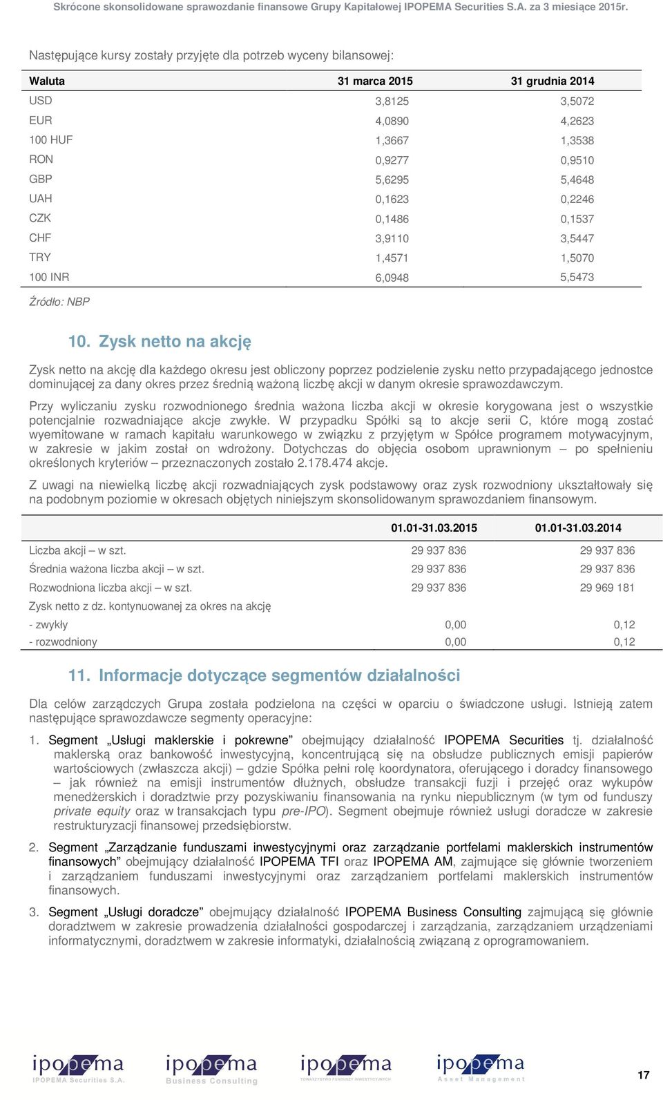 Zysk netto na akcję Zysk netto na akcję dla każdego okresu jest obliczony poprzez podzielenie zysku netto przypadającego jednostce dominującej za dany okres przez średnią ważoną liczbę akcji w danym