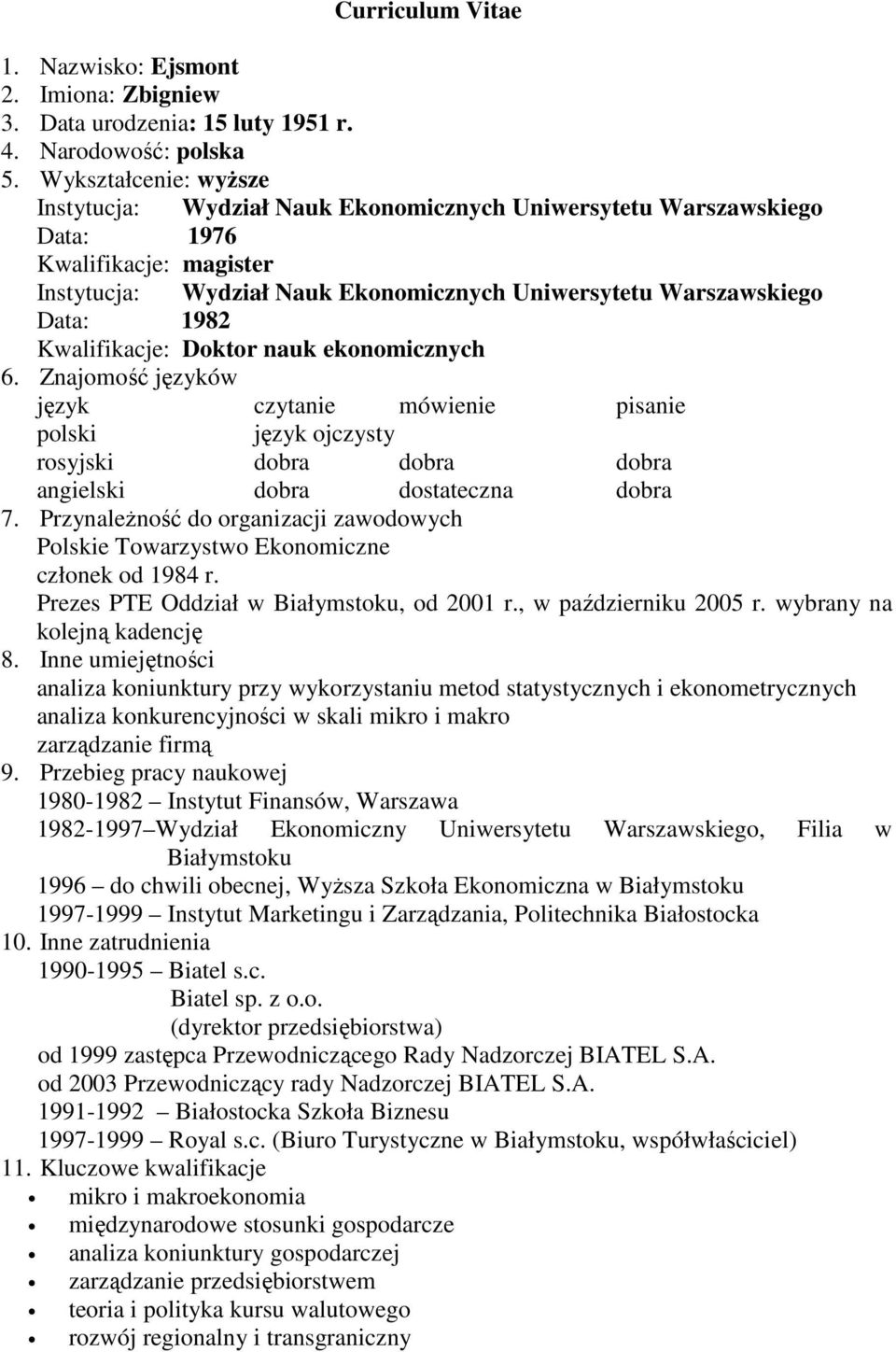 Kwalifikacje: Doktor nauk ekonomicznych 6. Znajomość języków język czytanie mówienie pisanie polski język ojczysty rosyjski dobra dobra dobra angielski dobra dostateczna dobra 7.