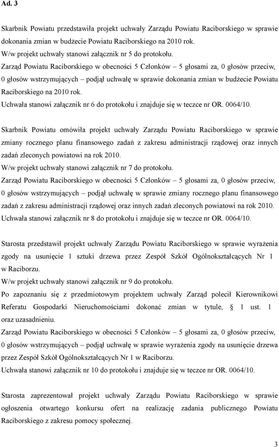 Zarząd Powiatu Raciborskiego w obecności 5 Członków 5 głosami za, 0 głosów przeciw, 0 głosów wstrzymujących podjął uchwałę w sprawie dokonania zmian w budżecie Powiatu Raciborskiego na 2010 rok.