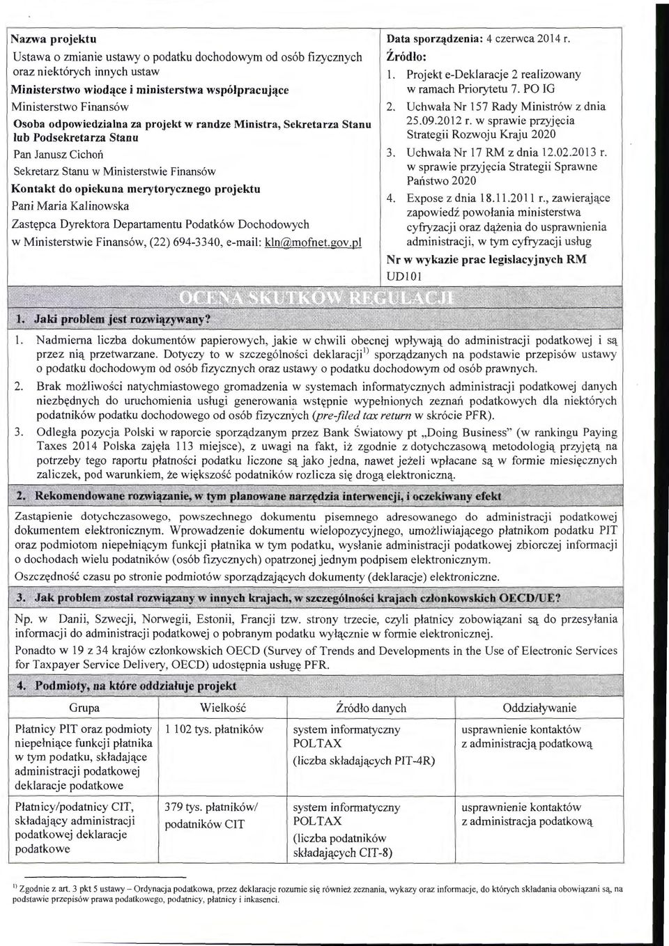 Kalinowska Zastępca Dyrektora Departamentu Podatków Dochodowych w Ministerstwie Finansów, (22) 694-3340, e-mail: kln@mofnet.gov.pl Data spo rządzenia: 4 czerwca 2014 r. Źródło: l.