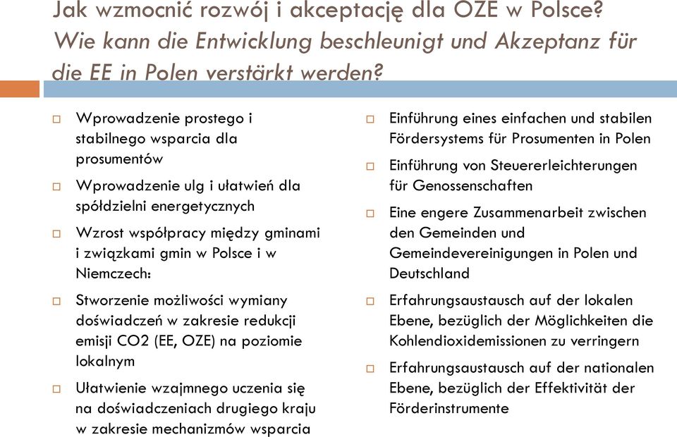 Stworzenie możliwości wymiany doświadczeń w zakresie redukcji emisji CO2 (EE, OZE) na poziomie lokalnym Ułatwienie wzajmnego uczenia się na doświadczeniach drugiego kraju w zakresie mechanizmów