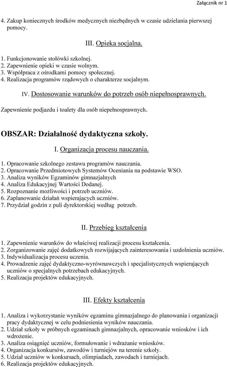 Zapewnienie podjazdu i toalety dla osób niepełnosprawnych. OBSZAR: Działalność dydaktyczna szkoły. I. Organizacja procesu nauczania. 1. Opracowanie szkolnego zestawu programów nauczania. 2.