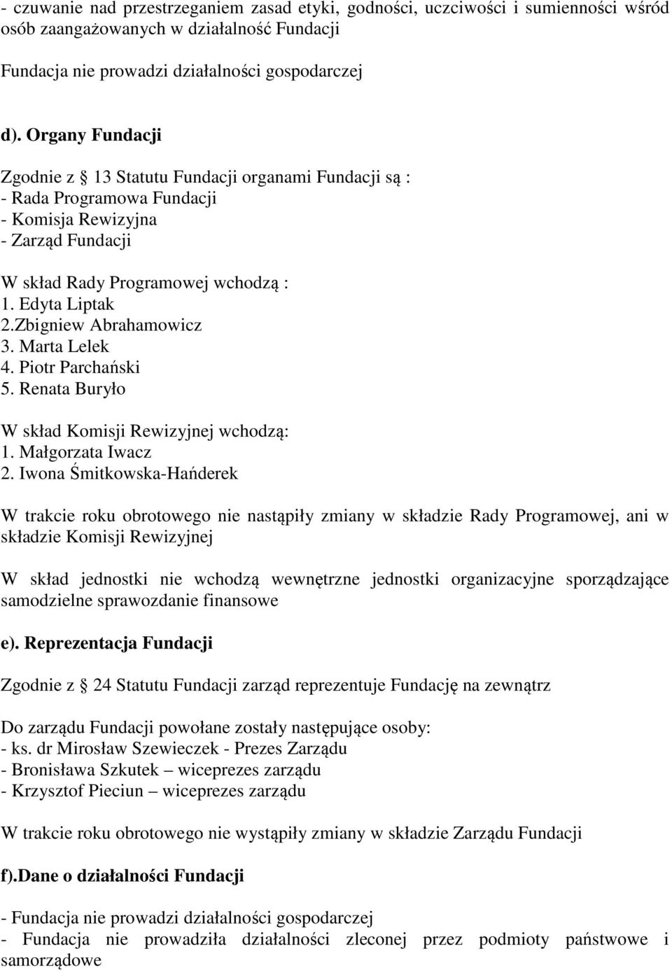 Zbigniew Abrahamowicz 3. Marta Lelek 4. Piotr Parchański 5. Renata Buryło W skład Komisji Rewizyjnej wchodzą: 1. Małgorzata Iwacz 2.
