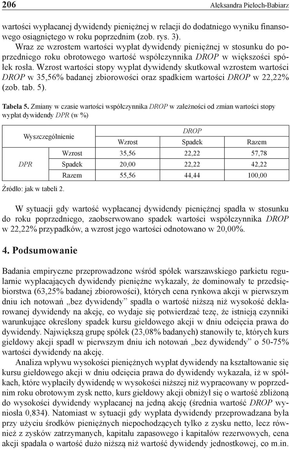 Wzrost wartości stopy wypłat dywidendy skutkował wzrostem wartości DROP w 35,56% badanej zbiorowości oraz spadkiem wartości DROP w 22,22% (zob. tab. 5). Tabela 5.