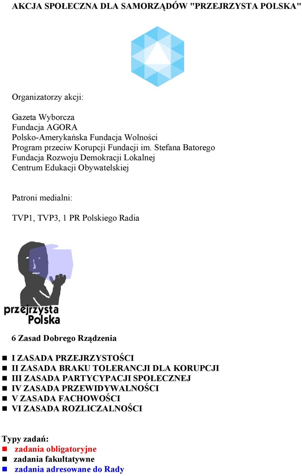 Stefana Batorego Fundacja Rozwoju Demokracji Lokalnej Centrum Edukacji Obywatelskiej Patroni medialni: TVP1, TVP3, 1 PR Polskiego Radia 6 Zasad