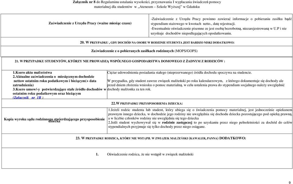 W PRZYPADKU, GDY DOCHÓD NA OSOBE W RODZINIE STUDENTA JEST BARDZO NISKI DODATKOWO: Zaświadczenie z o pobieranych zasiłkach rodzinnych (MOPS/GOPS) 21.