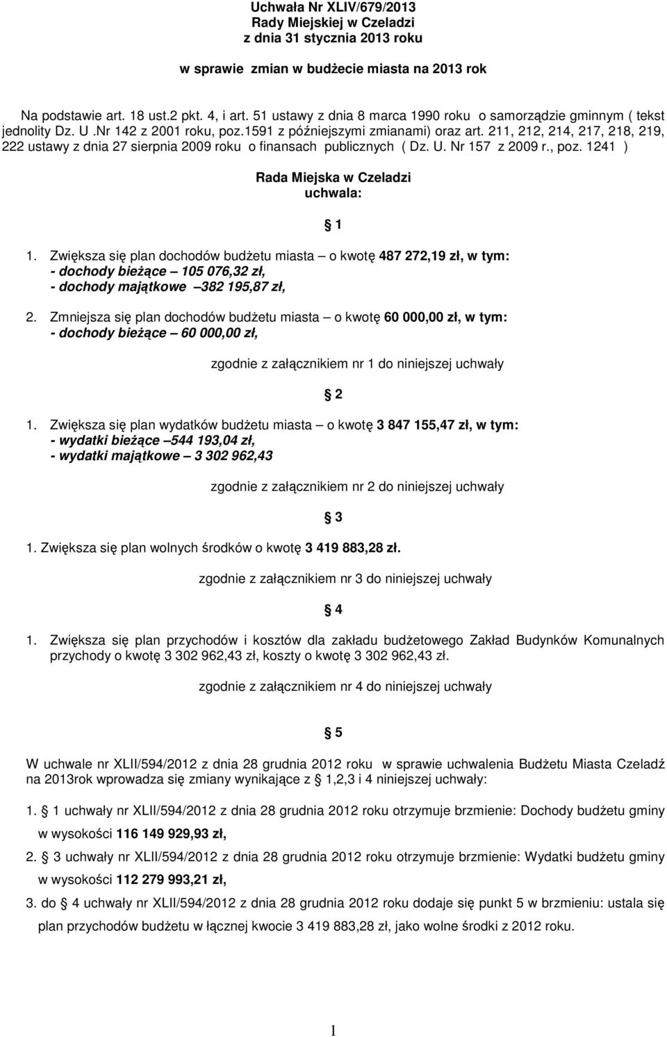 211, 212, 214, 217, 218, 219, 222 ustawy z dnia 27 sierpnia 2009 roku o finansach publicznych ( Dz. U. Nr 157 z 2009 r., poz. 1241 ) Rada Miejska w Czeladzi uchwala: 1.
