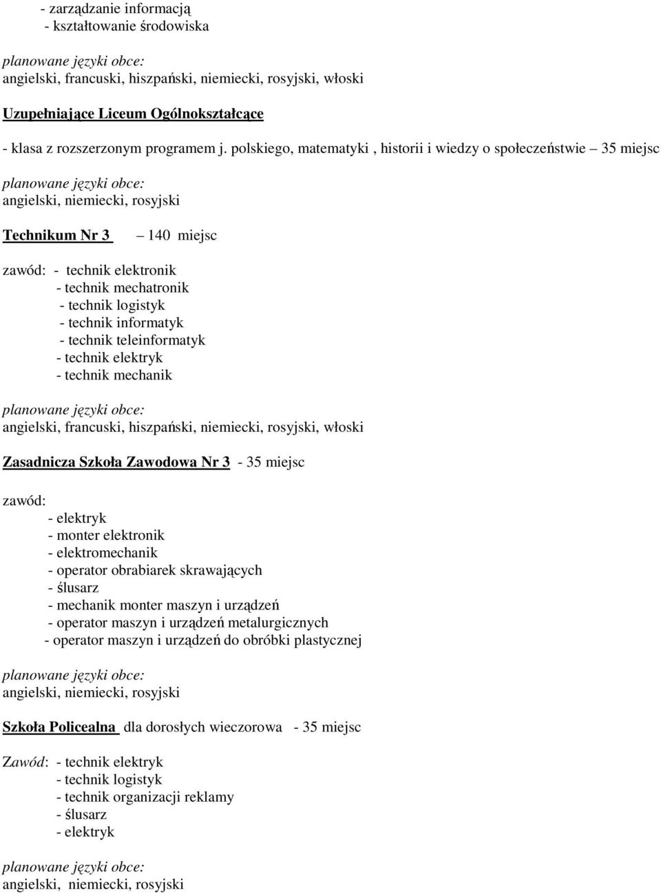 teleinformatyk - technik elektryk - technik mechanik angielski, francuski, hiszpański, niemiecki, rosyjski, włoski Zasadnicza Szkoła Zawodowa Nr 3-35 miejsc zawód: - elektryk - monter elektronik -