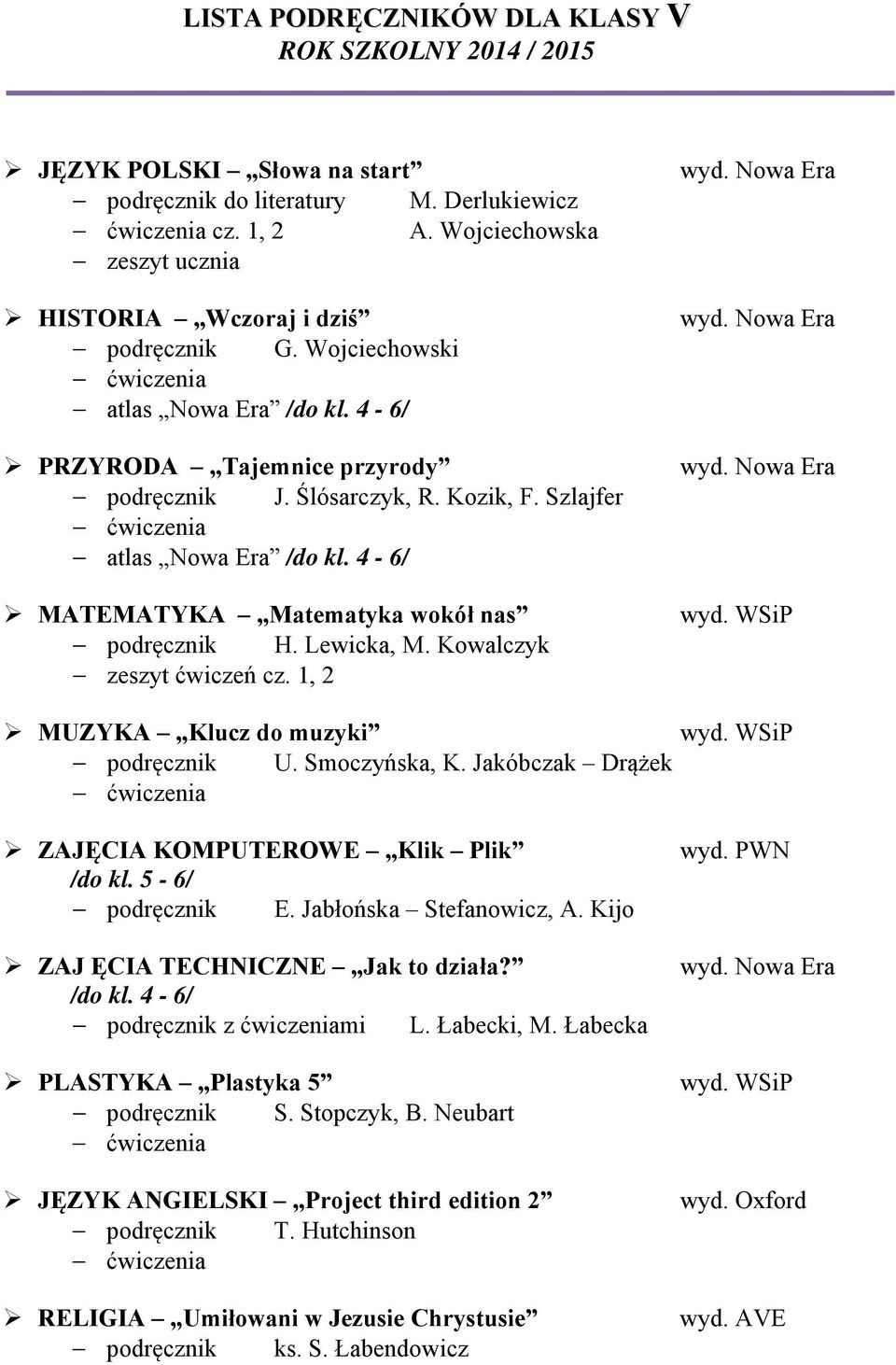 1, 2 MUZYKA Klucz do muzyki podręcznik U. Smoczyńska, K. Jakóbczak Drążek ZAJĘCIA KOMPUTEROWE Klik Plik /do kl. 5-6/ podręcznik E. Jabłońska Stefanowicz, A. Kijo ZAJ ĘCIA TECHNICZNE Jak to działa?