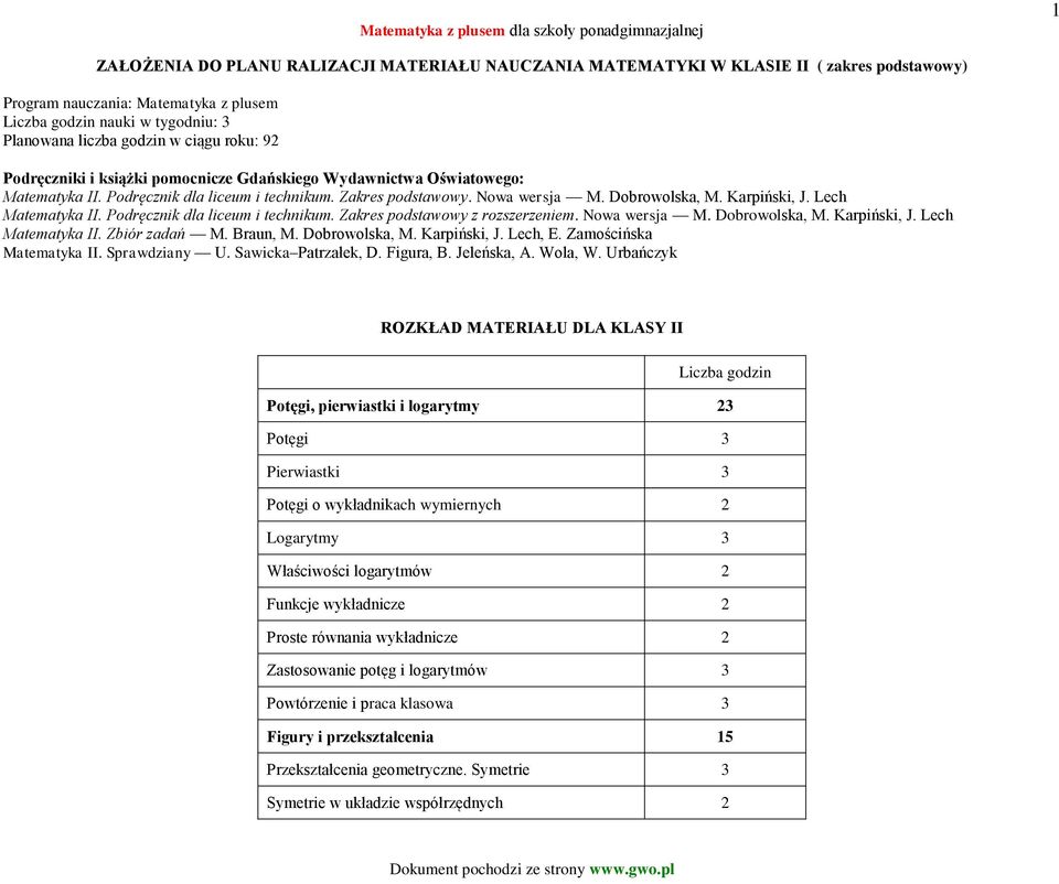 Lech Matematyka II. Podręcznik dla liceum i technikum. Zakres podstawowy z rozszerzeniem. Nowa wersja M. Dobrowolska, M. Karpiński, J. Lech Matematyka II. Zbiór zadań M. Braun, M. Dobrowolska, M. Karpiński, J. Lech, E.