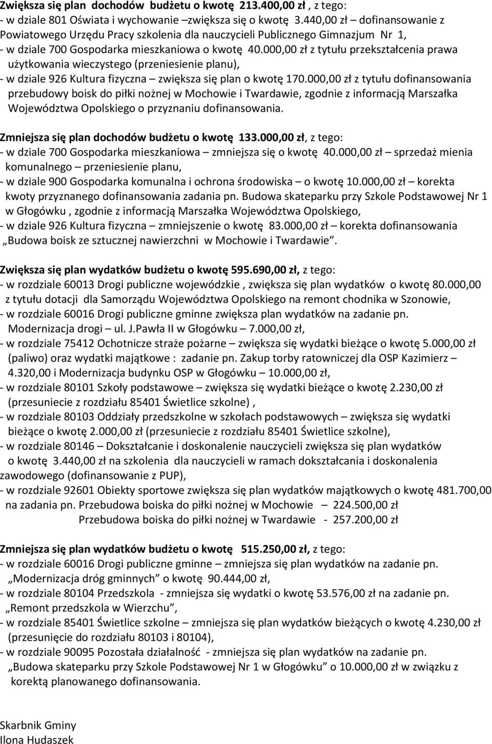 000,00 zł z tytułu przekształcenia prawa użytkowania wieczystego (przeniesienie planu), - w dziale 926 Kultura fizyczna zwiększa się plan o kwotę 170.