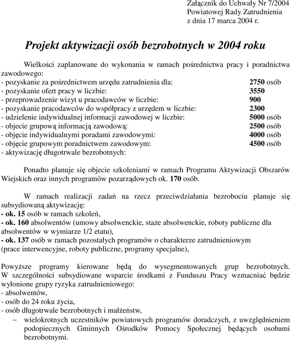 osób - pozyskanie ofert pracy w liczbie: 3550 - przeprowadzenie wizyt u pracodawców w liczbie: 900 - pozyskanie pracodawców do współpracy z urzędem w liczbie: 2300 - udzielenie indywidualnej