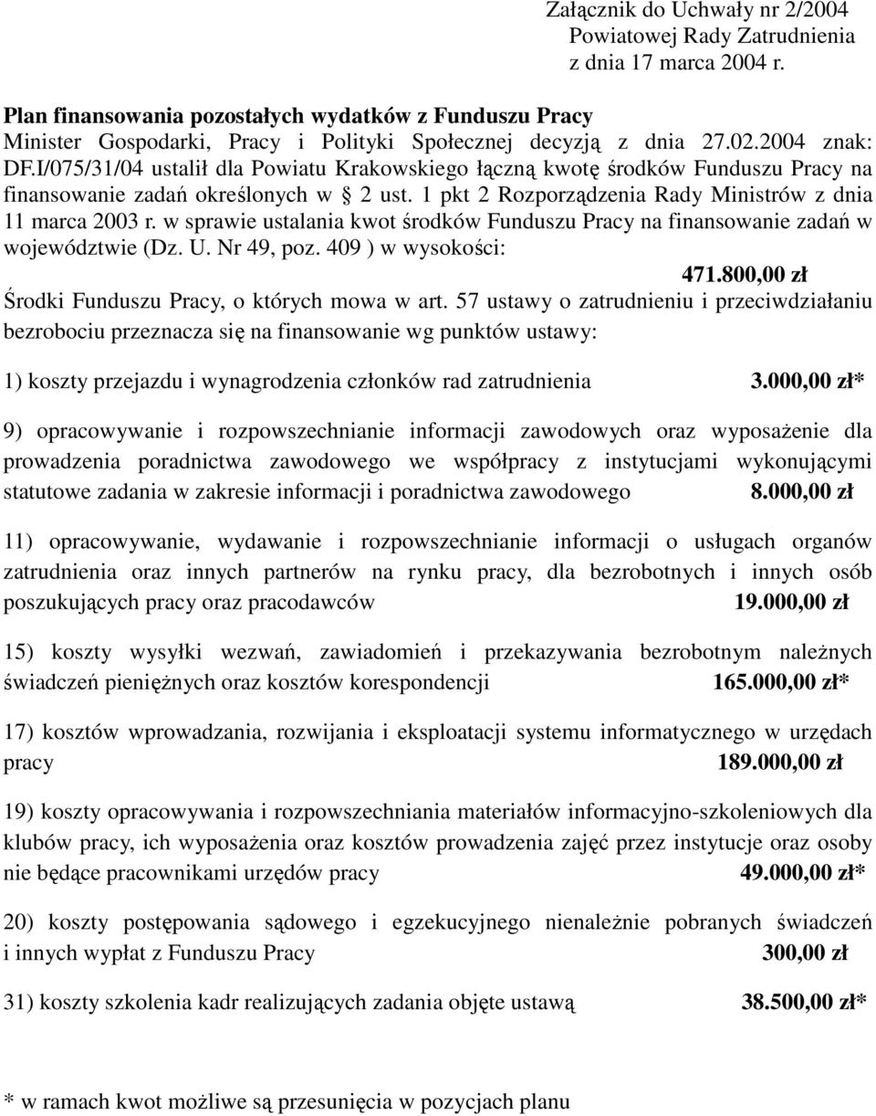 I/075/31/04 ustalił dla Powiatu Krakowskiego łączną kwotę środków Funduszu Pracy na finansowanie zadań określonych w 2 ust. 1 pkt 2 Rozporządzenia Rady Ministrów z dnia 11 marca 2003 r.