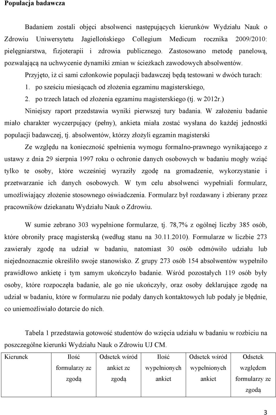 Przyjęto, iż ci sami członkowie populacji badawczej będą testowani w dwóch turach: 1. po sześciu miesiącach od złożenia egzaminu magisterskiego, 2.