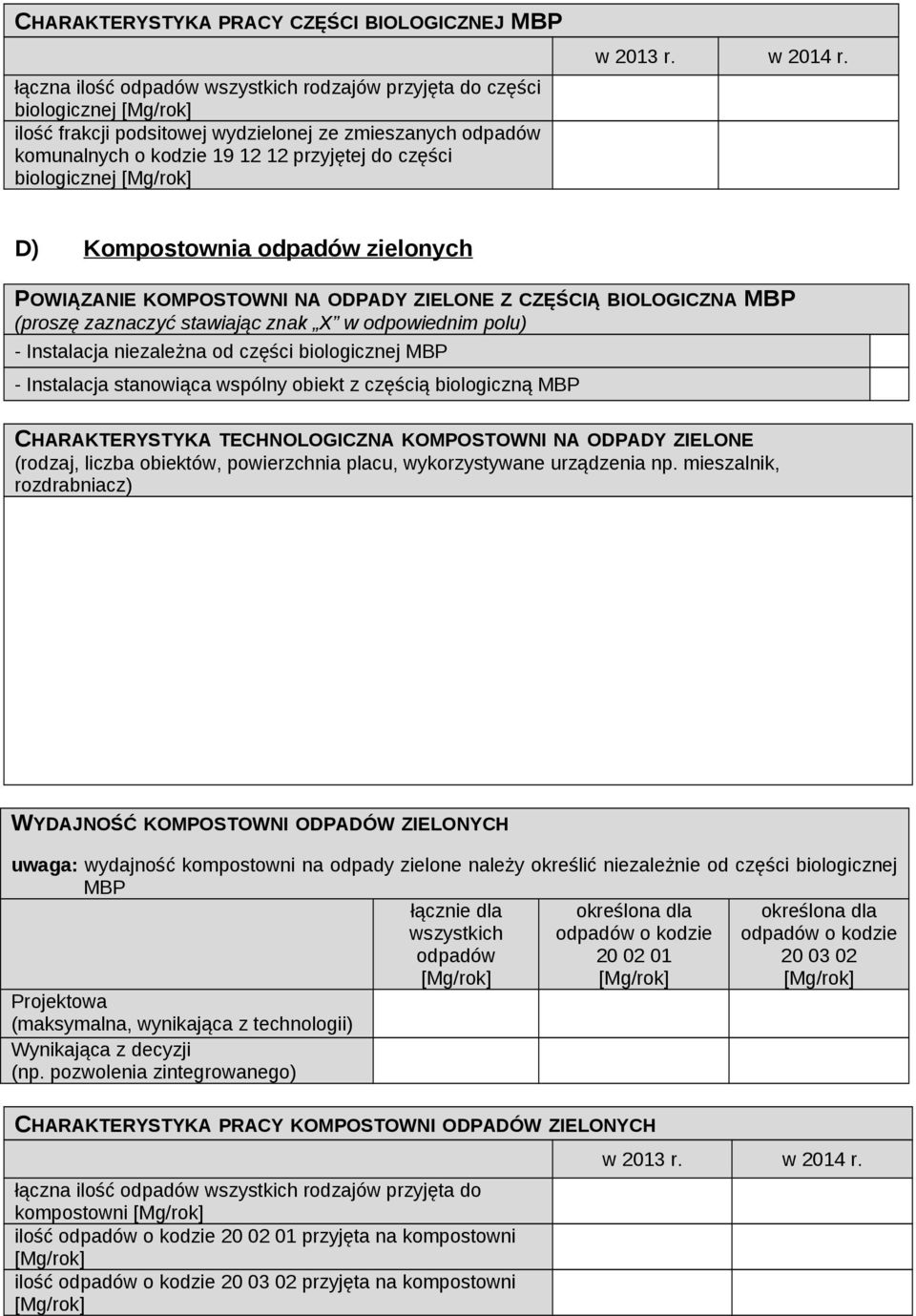 D) Kompostownia zielonych POWIĄZANIE KOMPOSTOWNI NA ODPADY ZIELONE Z CZĘŚCIĄ BIOLOGICZNA MBP (proszę zaznaczyć stawiając znak X w odpowiednim polu) Instalacja niezależna od części biologicznej MBP