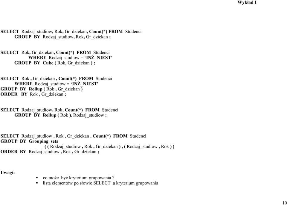 Rodzaj_studiow, Rok, Count(*) FROM Studenci GROUP BY Rollup ( Rok ), Rodzaj_studiow ; SELECT Rodzaj_studiow, Rok, Gr_dziekan, Count(*) FROM Studenci GROUP BY Grouping sets ( (