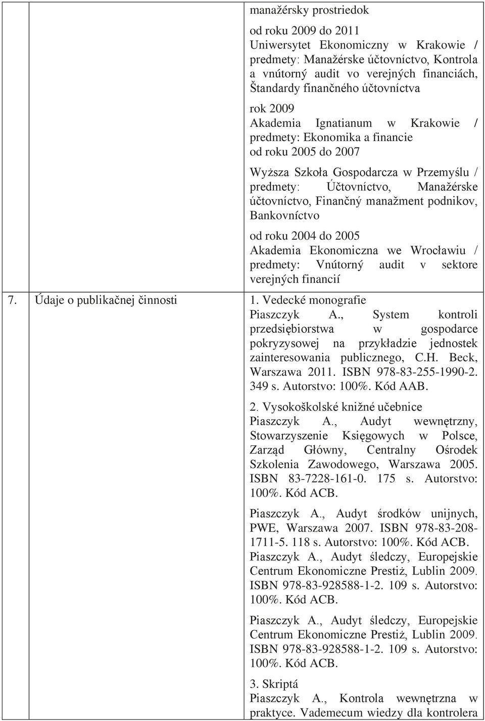 podnikov, Bankovníctvo od roku 2004 do 2005 Akademia Ekonomiczna we Wrocławiu / predmety: Vnútorný audit v sektore verejných financií 7. Údaje o publikačnej činnosti 1. Vedecké monografie Piaszczyk A.