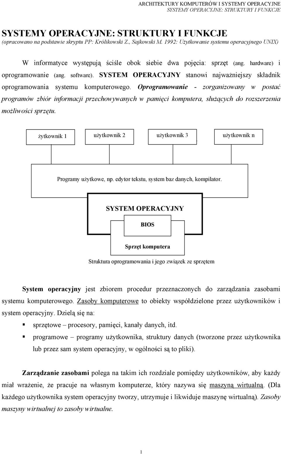 Oprogramowanie - zorganizowany w postać programów zbiór informacji przechowywanych w pamięci komputera, służących do rozszerzenia możliwości sprzętu. u żytkownik 1 użytkownik 2 użytkownik 3.