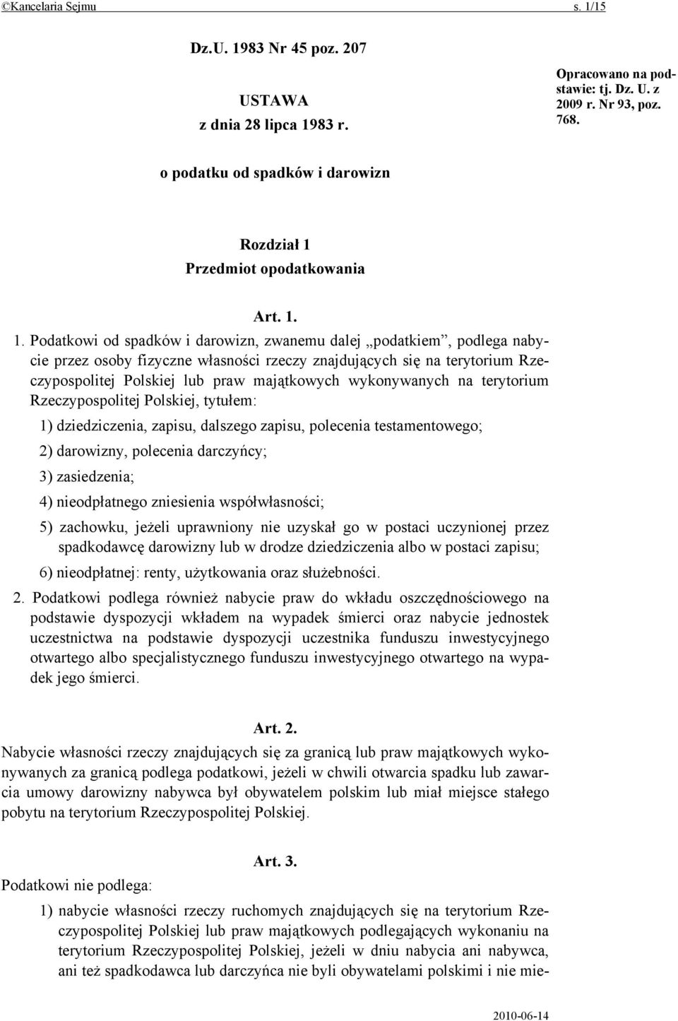 Przedmiot opodatkowania Art. 1.