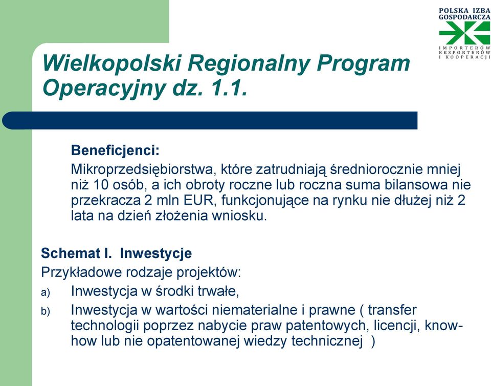 bilansowa nie przekracza 2 mln EUR, funkcjonujące na rynku nie dłużej niż 2 lata na dzień złożenia wniosku. Schemat I.