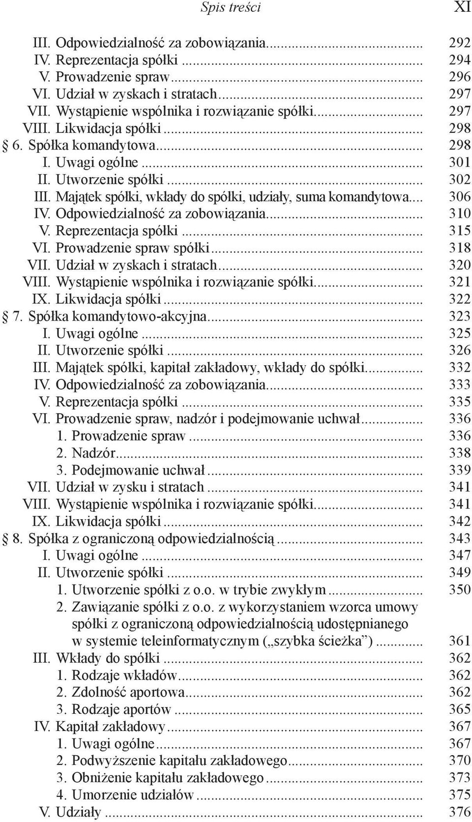 Majątek spółki, wkłady do spółki, udziały, suma komandytowa... 306 IV. Odpowiedzialność za zobowiązania... 310 V. Reprezentacja spółki... 315 VI. Prowadzenie spraw spółki... 318 VII.