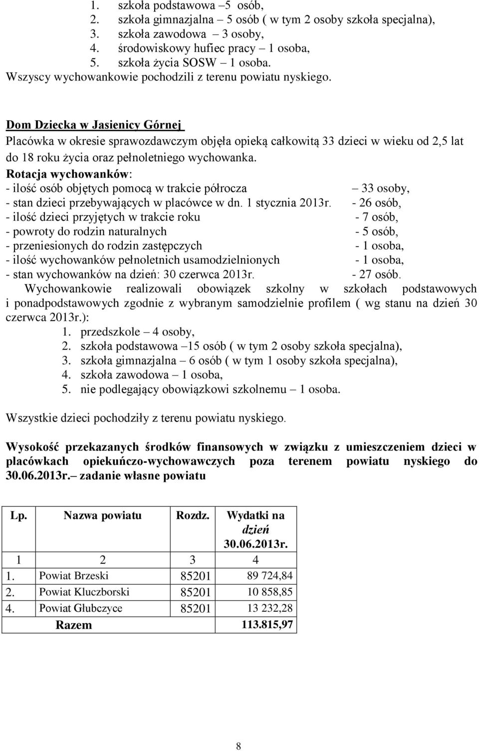 Dom Dziecka w Jasienicy Górnej Placówka w okresie sprawozdawczym objęła opieką całkowitą 33 dzieci w wieku od 2,5 lat do 18 roku życia oraz pełnoletniego wychowanka.