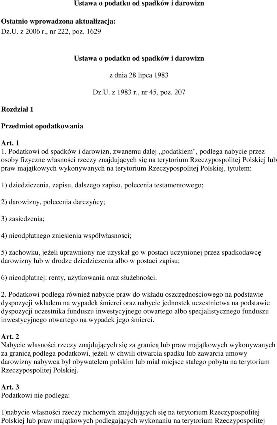 Podatkowi od spadków i darowizn, zwanemu dalej podatkiem", podlega nabycie przez osoby fizyczne własności rzeczy znajdujących się na terytorium Rzeczypospolitej Polskiej lub praw majątkowych