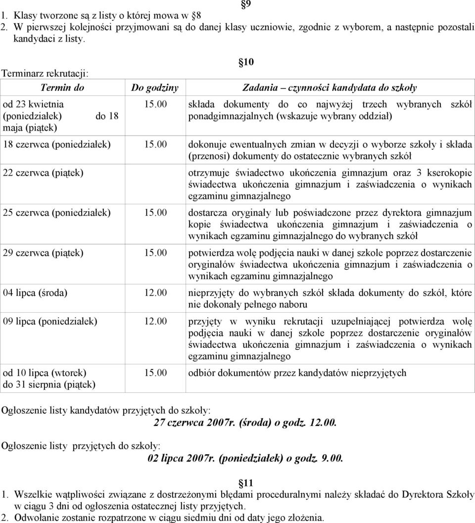 00 składa dokumenty do co najwyżej trzech wybranych szkół ponadgimnazjalnych (wskazuje wybrany oddział) 8 czerwca (poniedziałek) 5.