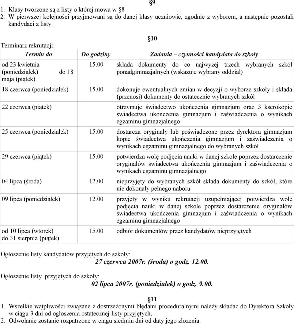 00 składa dokumenty do co najwyżej trzech wybranych szkół ponadgimnazjalnych (wskazuje wybrany oddział) 8 czerwca (poniedziałek) 5.