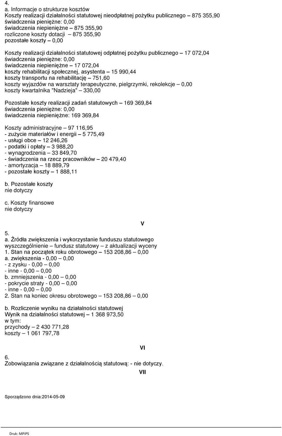 rehabilitacji społecznej, asystenta 15 990,44 koszty transportu na rehabilitację 751,60 koszty wyjazdów na warsztaty terapeutyczne, pielgrzymki, rekolekcje 0,00 koszty kwartalnika "Nadzieja" 330,00