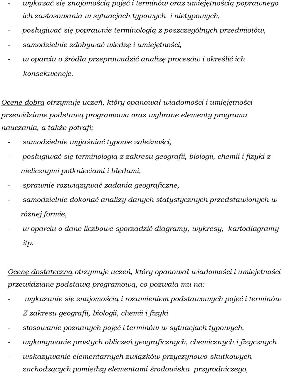 Ocenę dobrą otrzymuje uczeń, który opanował wiadomości i umiejętności przewidziane podstawą programowa oraz wybrane elementy programu nauczania, a także potrafi: - samodzielnie wyjaśniać typowe