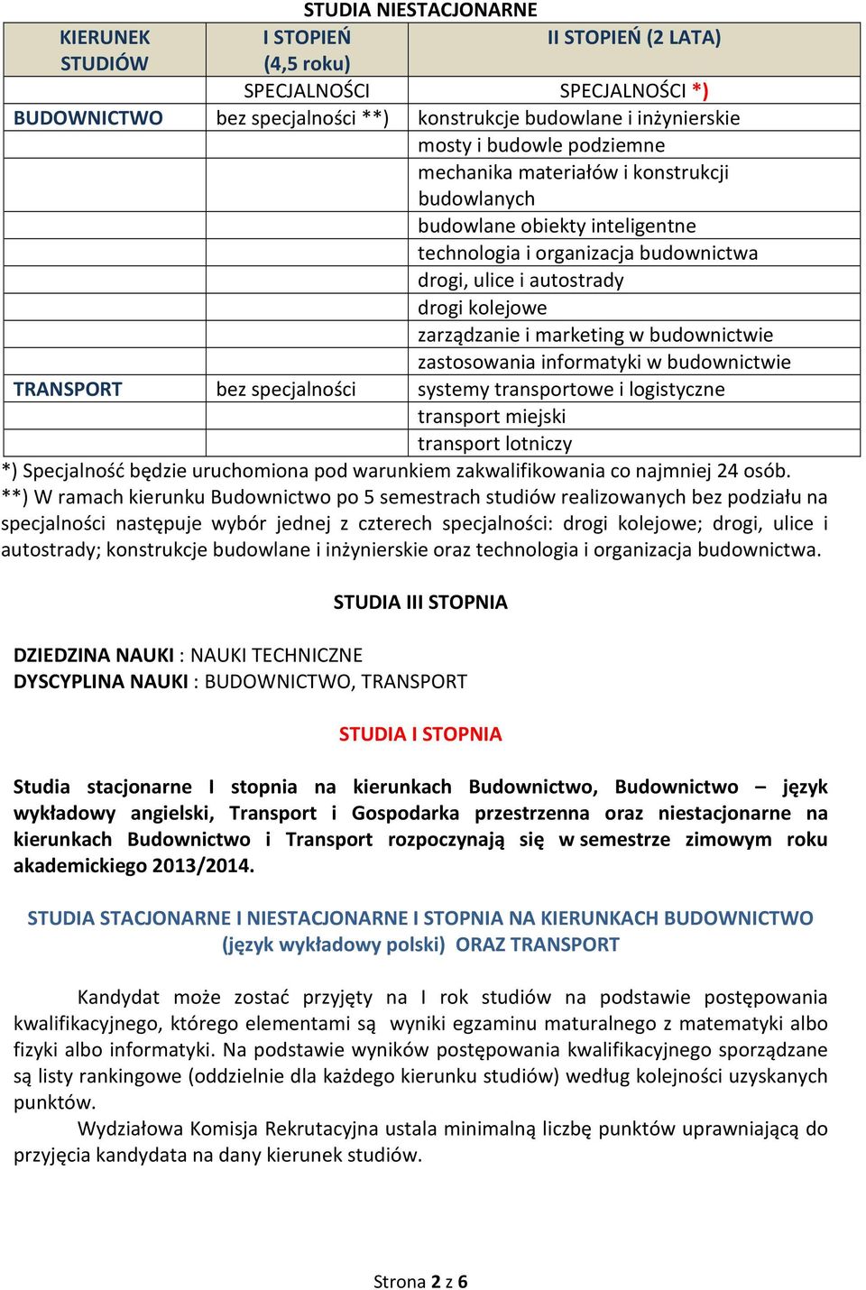 budownictwie zastosowania informatyki w budownictwie TRANSPORT bez specjalności systemy transportowe i logistyczne transport miejski transport lotniczy *) Specjalność będzie uruchomiona pod warunkiem