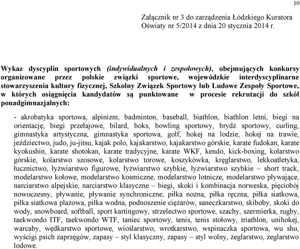 Szkolny Związek Sportowy lub Ludowe Zespoły Sportowe, w których osiągnięcia kandydatów są punktowane w procesie rekrutacji do szkół ponadgimnazjalnych: - akrobatyka sportowa, alpinizm, badminton,