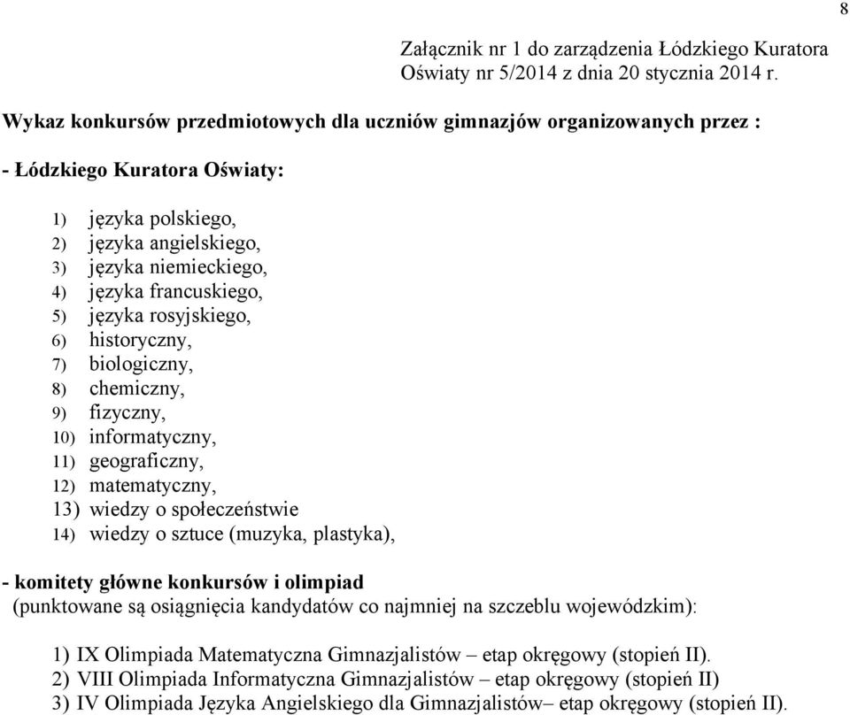 5) języka rosyjskiego, 6) historyczny, 7) biologiczny, 8) chemiczny, 9) fizyczny, 10) informatyczny, 11) geograficzny, 12) matematyczny, 13) wiedzy o społeczeństwie 14) wiedzy o sztuce (muzyka,