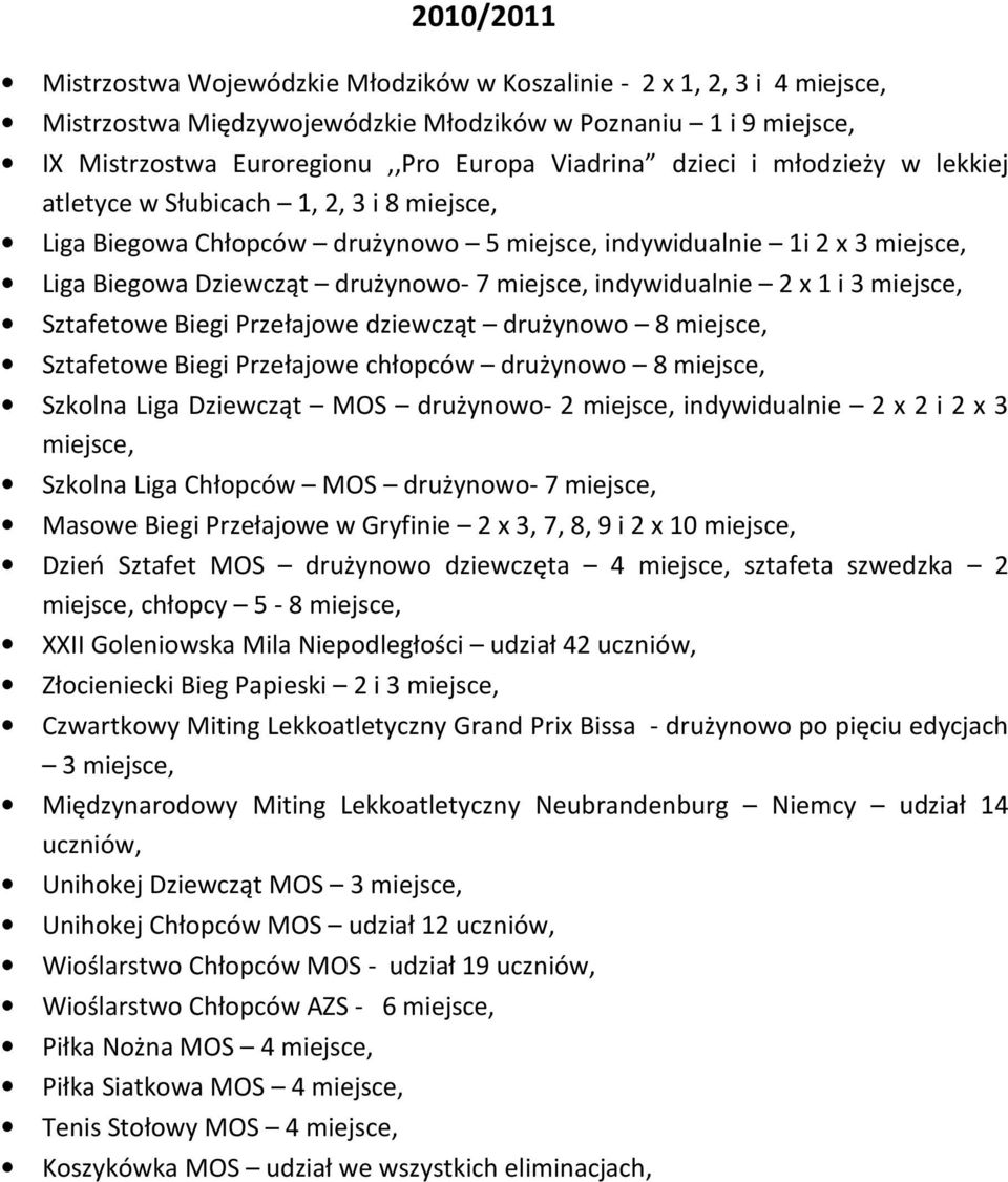 indywidualnie 2 x 1 i 3 miejsce, Sztafetowe Biegi Przełajowe dziewcząt drużynowo 8 miejsce, Sztafetowe Biegi Przełajowe chłopców drużynowo 8 miejsce, Szkolna Liga Dziewcząt MOS drużynowo- 2 miejsce,