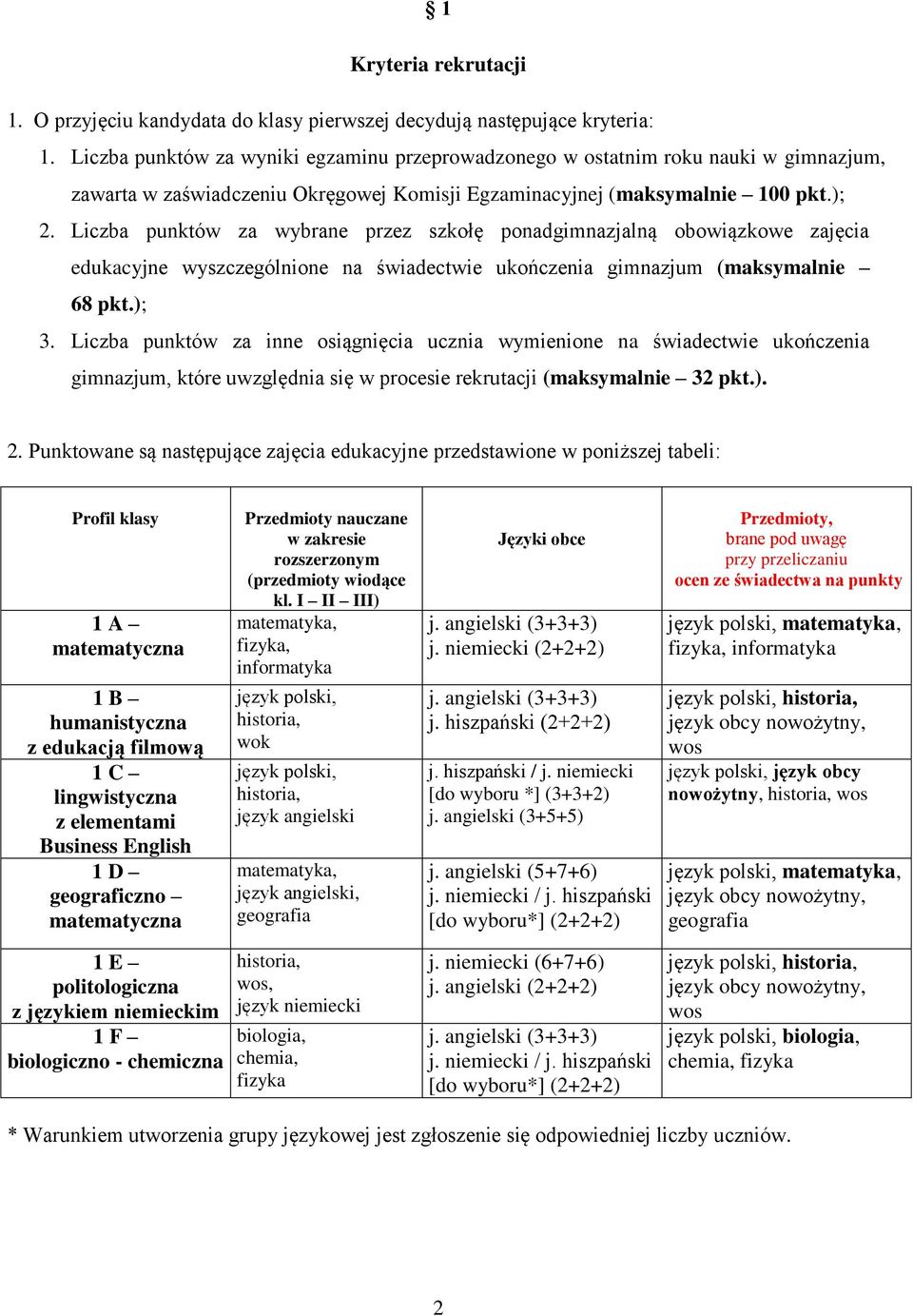 Liczba punktów za wybrane przez szkołę ponadgimnazjalną obowiązkowe zajęcia edukacyjne wyszczególnione na świadectwie ukończenia gimnazjum (maksymalnie 68 pkt.); 3.