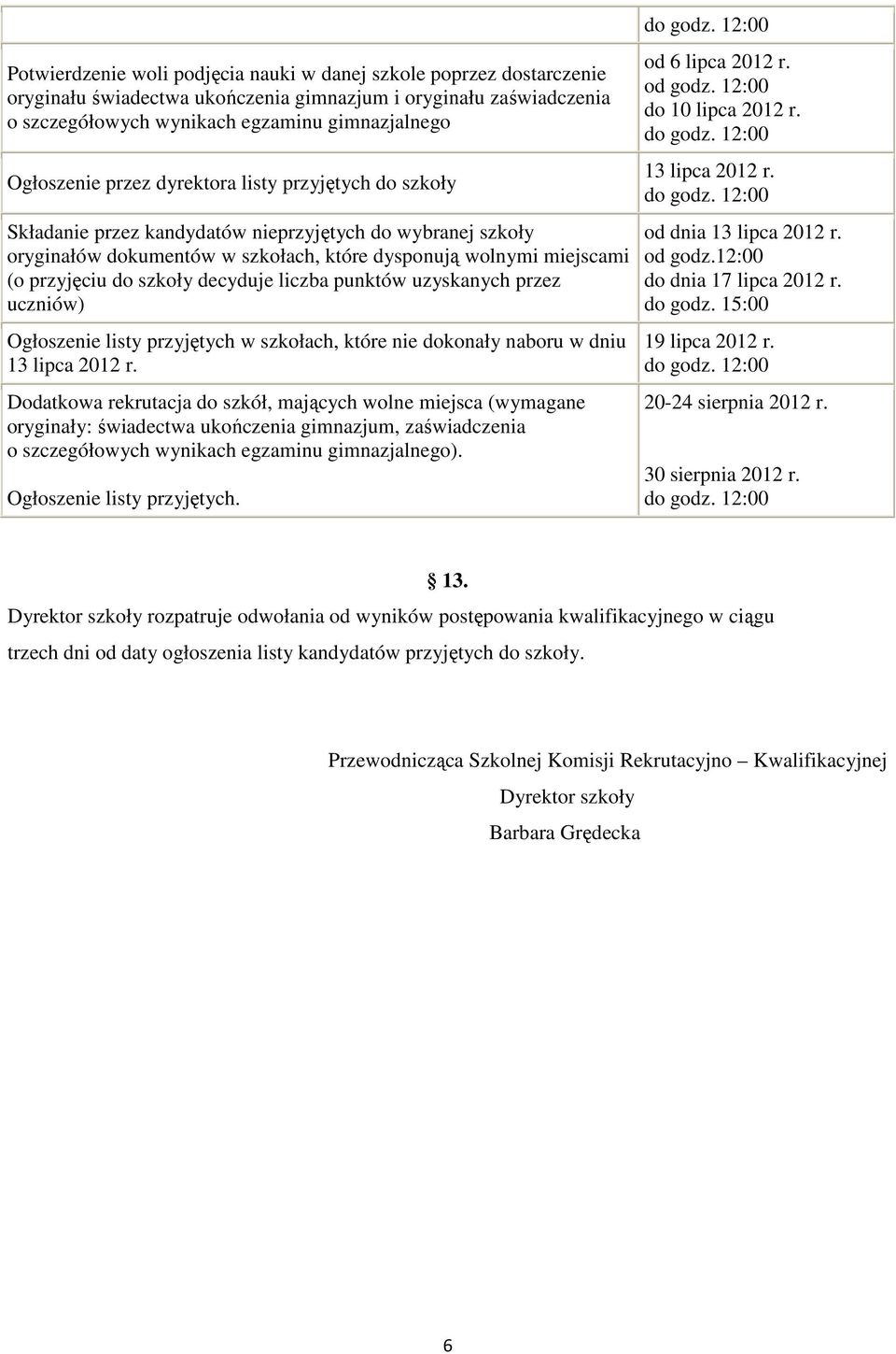 decyduje liczba punktów uzyskanych przez uczniów) Ogłoszenie listy przyjętych w szkołach, które nie dokonały naboru w dniu 13 lipca 2012 r.