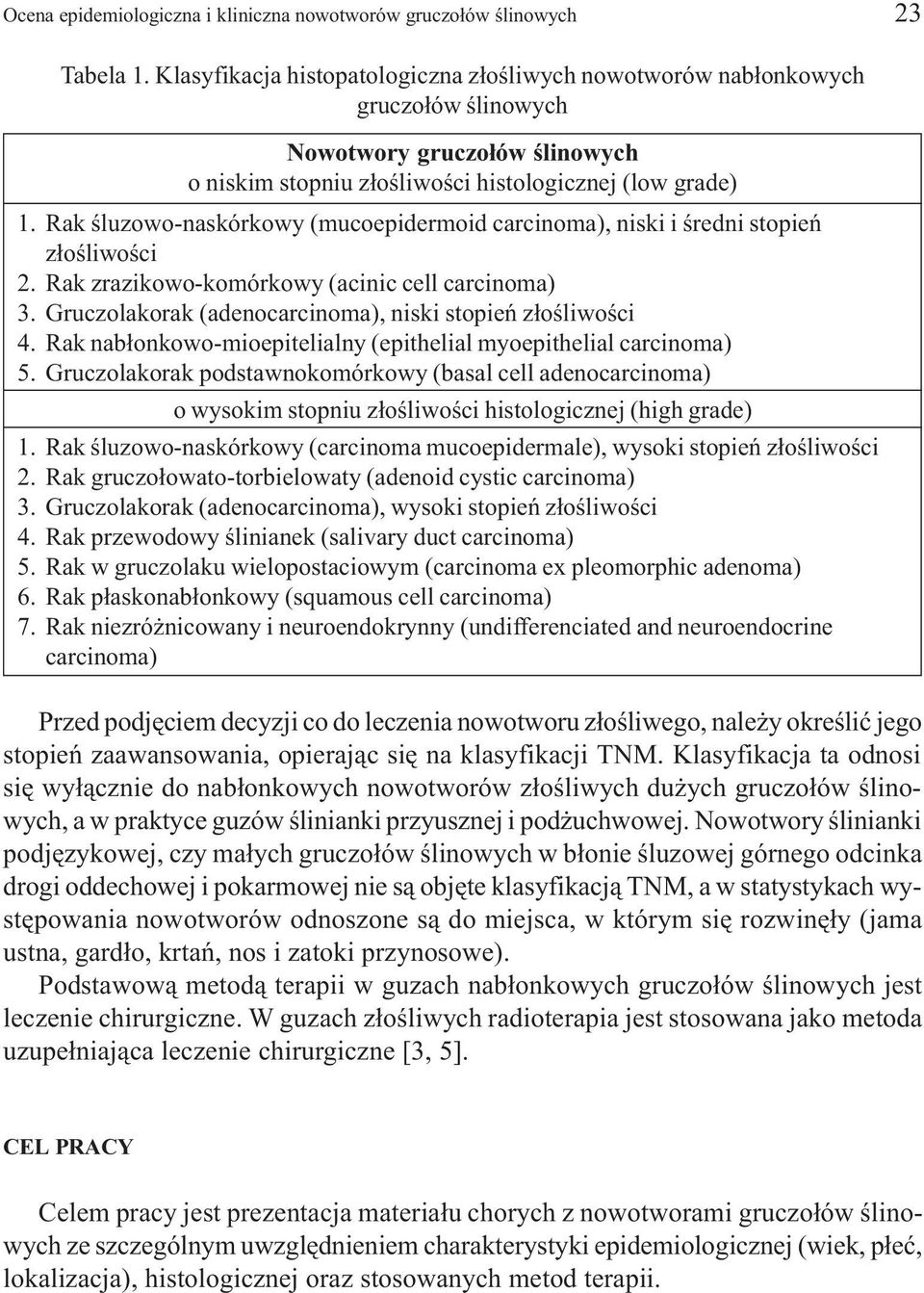 Rak œluzowo-naskórkowy (mucoepidermoid carcinoma), niski i œredni stopieñ z³oœliwoœci 2. Rak zrazikowo-komórkowy (acinic cell carcinoma) 3. Gruczolakorak (adenocarcinoma), niski stopieñ z³oœliwoœci 4.