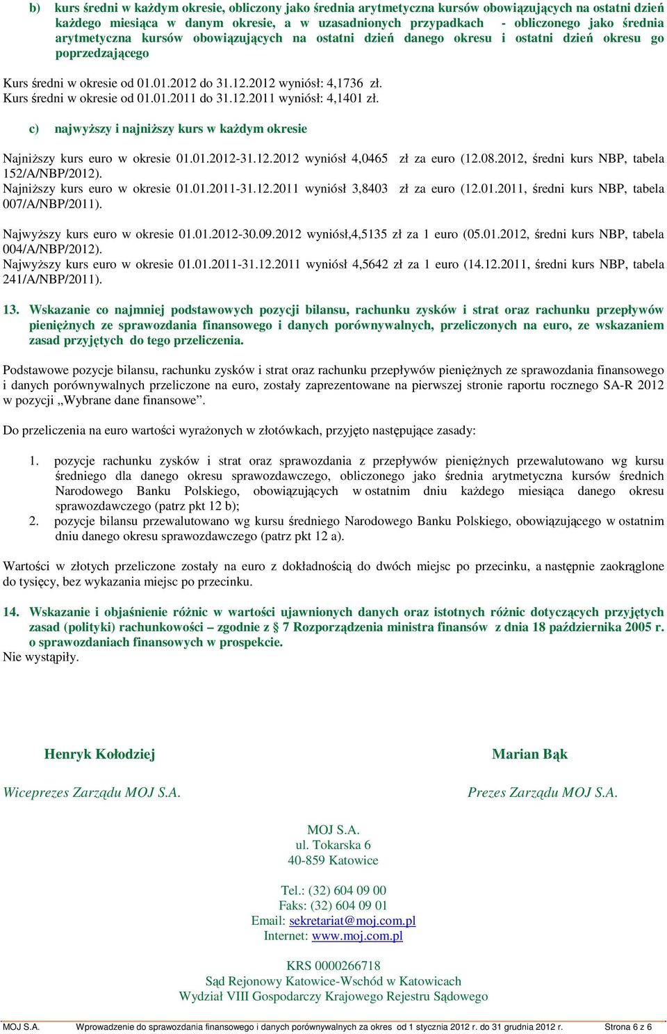 Kurs średni w okresie od 01.01.2011 do 31.12.2011 wyniósł: 4,1401 zł. c) najwyższy i najniższy kurs w każdym okresie Najniższy kurs euro w okresie 01.01.2012-31.12.2012 wyniósł 4,0465 zł za euro (12.