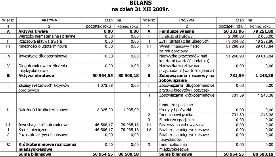 000,00 2 000,00 II Rzeczowe aktywa trwałe II Zysk (strata) z lat ubiegłych - 3 034,02 48 232,96 III Należności długoterminowe III Wynik finansowy netto 51 266,98 29 018,84 za rok obrotowy IV