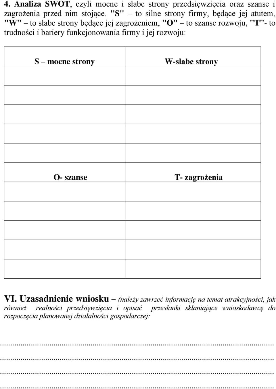 bariery funkcjonowania firmy i jej rozwoju: S mocne strony W-słabe strony O- szanse T- zagrożenia VI.