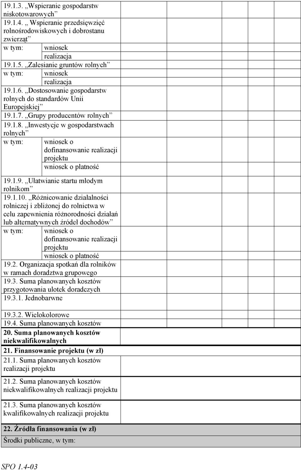 Inwestycje w gospodarstwach rolnych w tym: wniosek o dofinansowanie realizacji projektu wniosek o płatność 19.1.9. Ułatwianie startu młodym rolnikom 19.1.10.