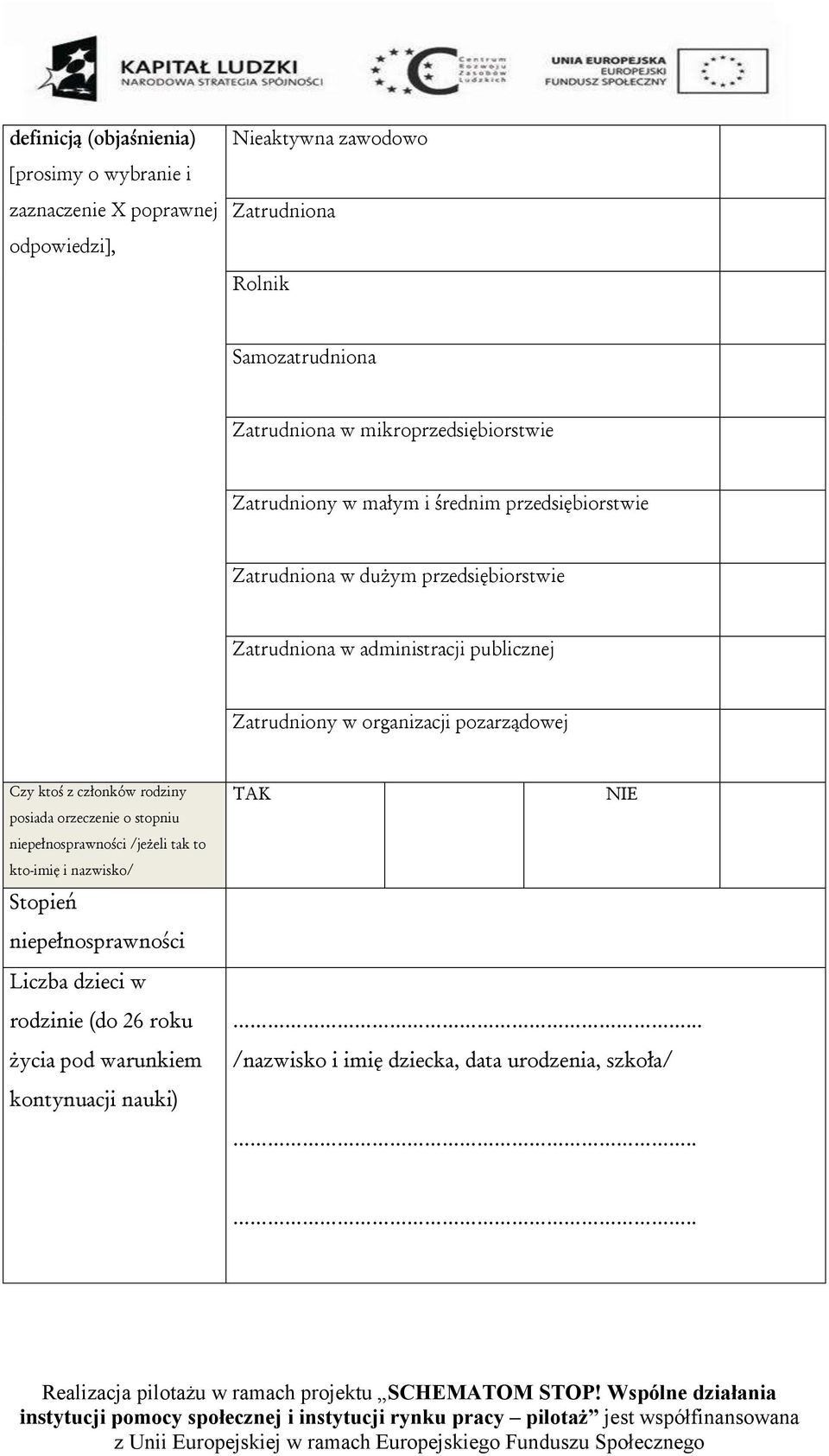 Zatrudniony w organizacji pozarządowej Czy ktoś z członków rodziny posiada orzeczenie o stopniu niepełnosprawności /jeżeli tak to kto-imię i nazwisko/