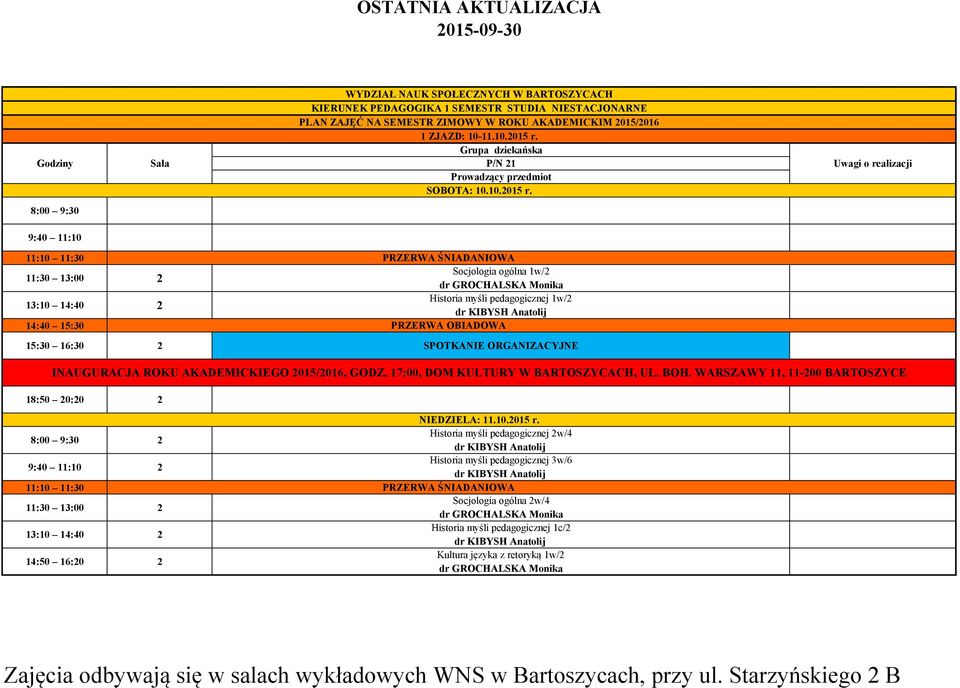 15:30 16:30 Socjologia ogólna 1w/ Historia myśli pedagogicznej 1w/ SPOTKANIE ORGANIZACYJNE INAUGURACJA ROKU