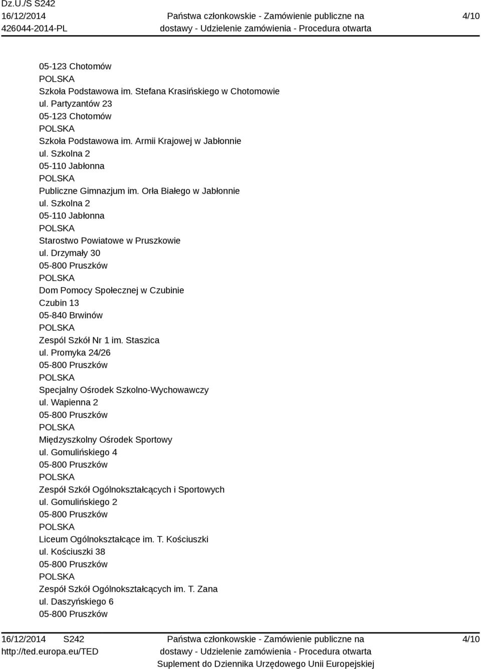 Drzymały 30 Dom Pomocy Społecznej w Czubinie Czubin 13 05-840 Brwinów Zespól Szkół Nr 1 im. Staszica ul. Promyka 24/26 Specjalny Ośrodek Szkolno-Wychowawczy ul.